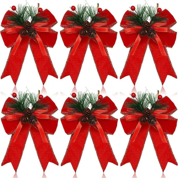 6PCS Christmas Bow With Pine Cones Pine Needles Xmas Checkered Ribbon Bow Christmas Tree Decoration Bows