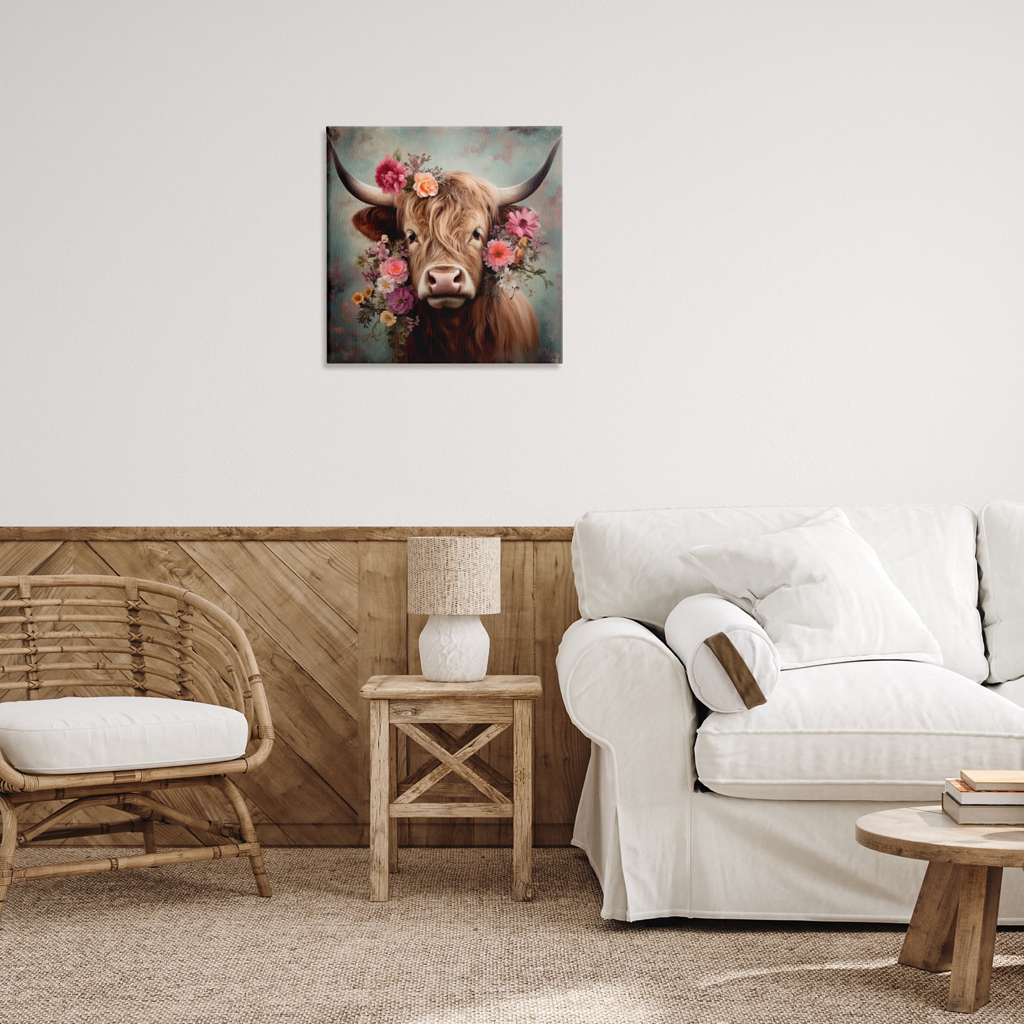 Stupell Industries Cattle with Gerbera Daisies Animals & Insects Painting Gallery Wrapped Canvas Art Print Wall Art, 24 x 24