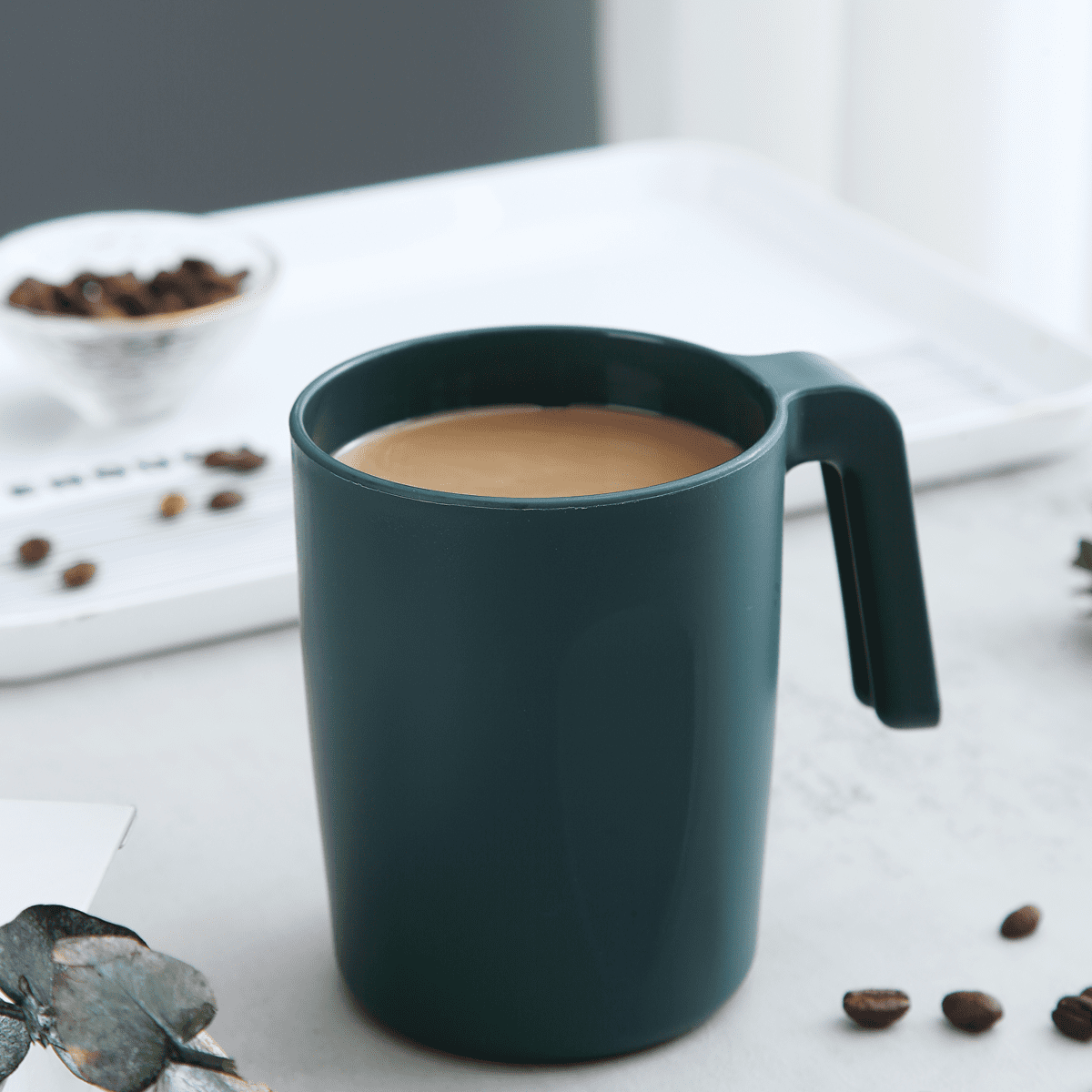 Kurala Coffee Mugs Set of 5, Plastic Coffee Cups Set, 10 Ounce Unbreakable Coffee Mug Plastic with Handle, 3 Basic Colors, Re