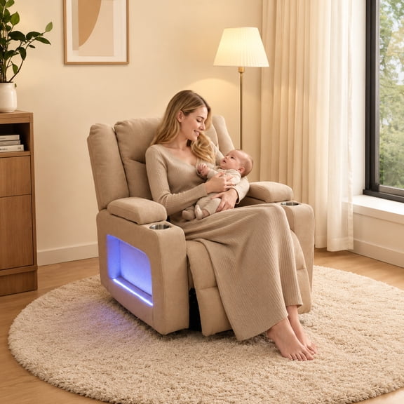 Oversized Power Swivel Glider Rocking Chair with Night Light, Recliner Chair with Armrest Storage, Rocker Recliner Chair with Massage/Heat, Velvet Fabric for Living Room, Nursery