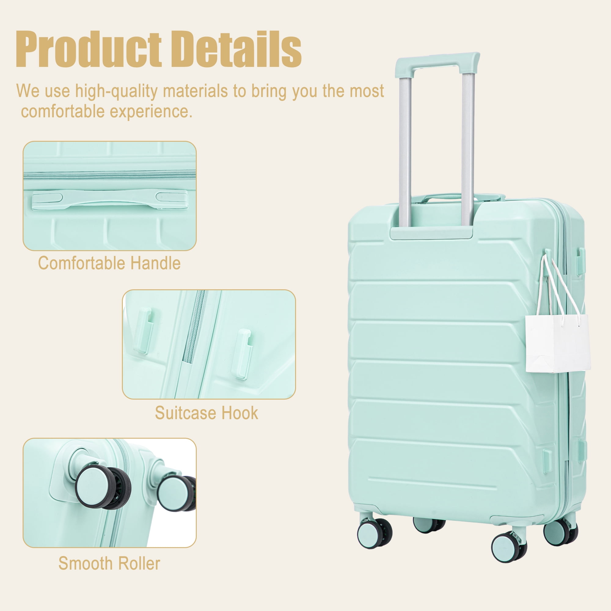 Alvantor 28inch Luggage, ABS Checked Suitcase with 4 Spinner Wheels and Side Hooks, Mint Green