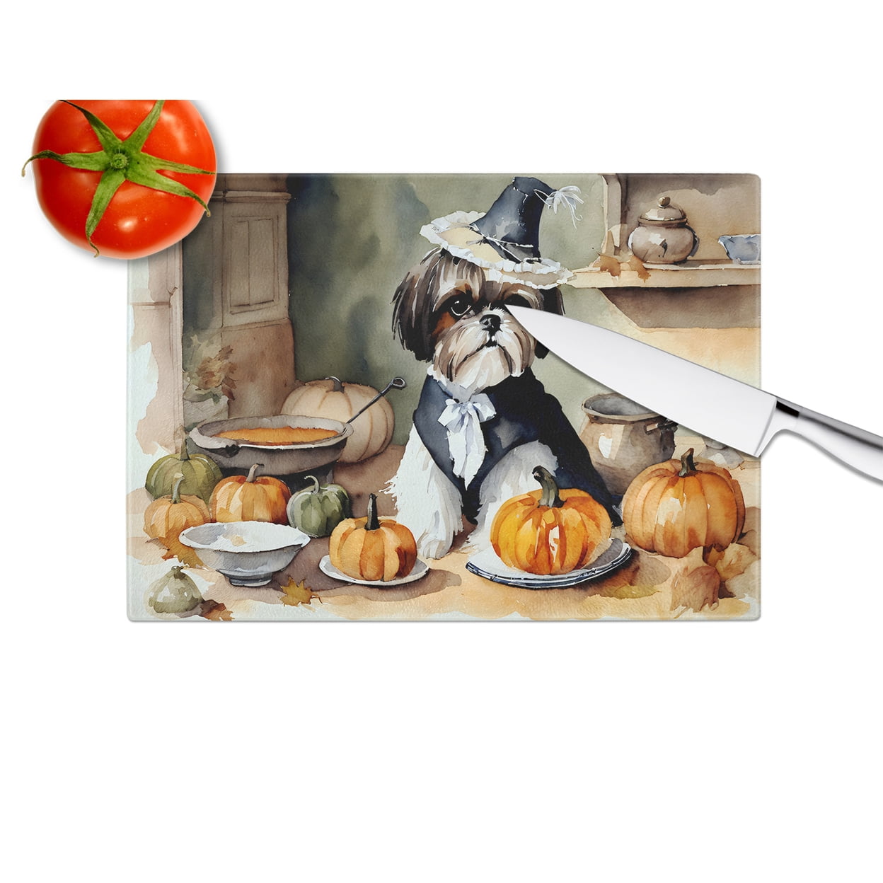 Shih Tzu Fall Kitchen Pumpkins Glass Cutting Board Large 12 in x 15 in