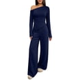 thumbnail image 4 of BRELIL Women Two Piece Sets Cold Shoulder Long Sleeve Tops Wide Leg Pants Casual Lounge Matching Set Solid Basic Pullover Outfits Travel Vacation Loungewear, Navy 2XL, 4 of 8