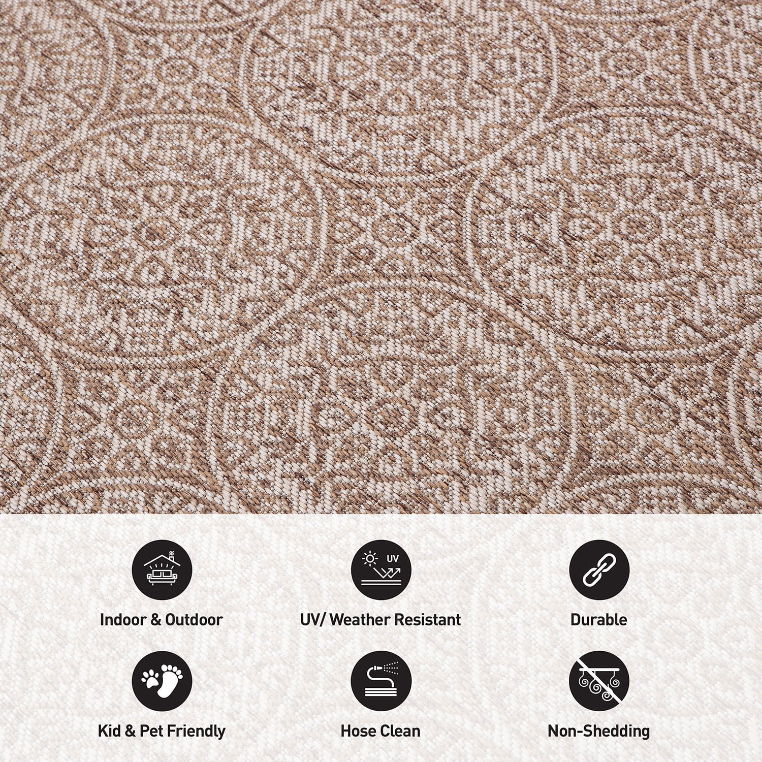 World Rug Gallery Transitional Floral Circles Textured Flat Weave Indoor/Outdoor Area Rug - BROWN 5' X 7'