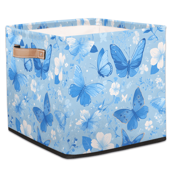 CURLYOOT Butterfly Blue Flower Cube Storage Bin, 13 x 13 x 13 Storage Cube Bins for Organizing, Fabric Foldable Baskets with Handles for Closet, Shelves, Clothes