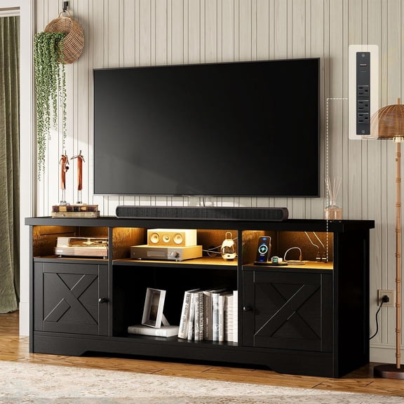 Farmhouse TV Stand for 65 Inch TV, Entertainment Center with Power Outlet & LED Light, Storage Cabinets, Media Console for Living Room, Bedroom