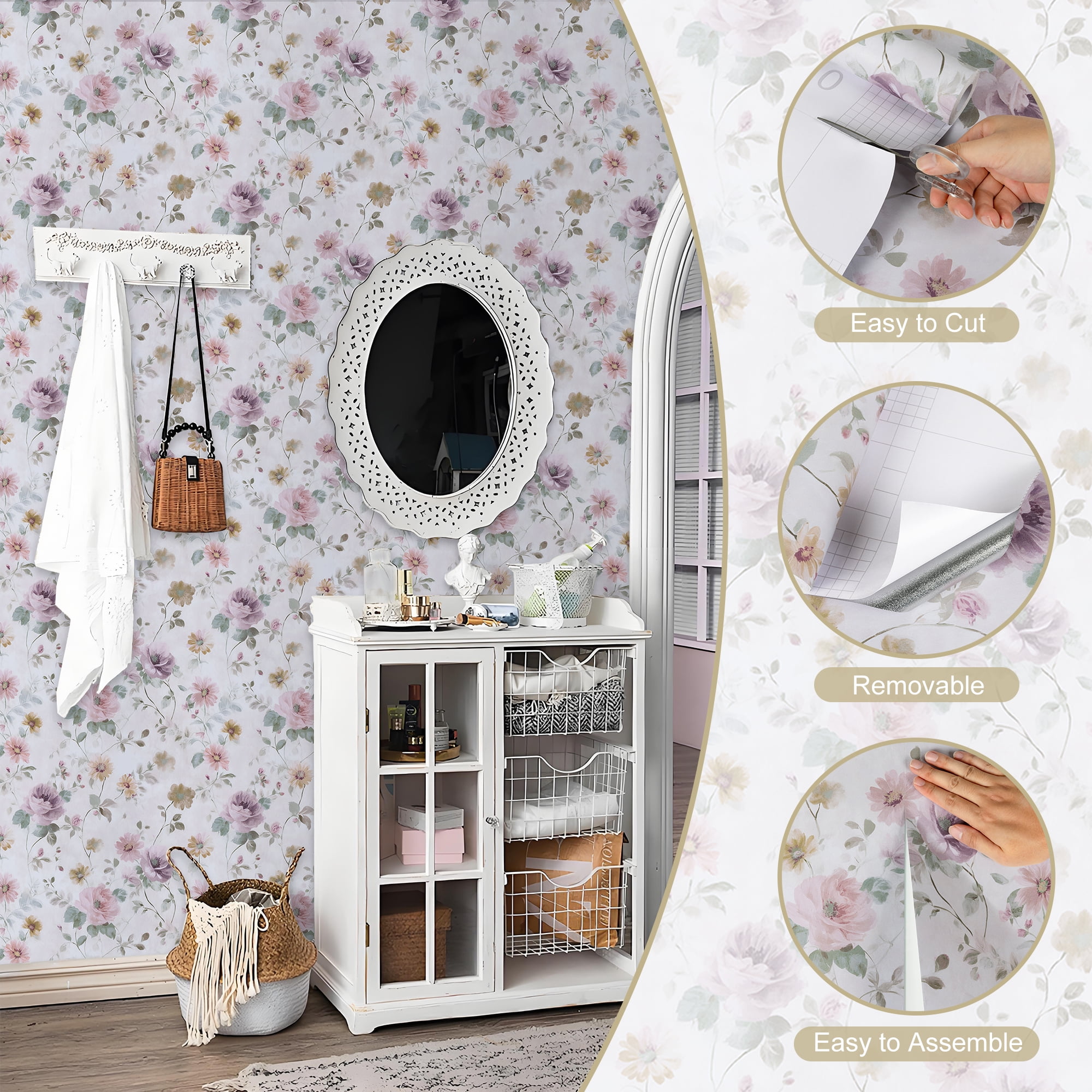 (2 pack) Abyssaly Floral Wallpaper Peel and Stick 17.3"×118" Vintage Watercolor Floral Self Adhesive Textured Wall Paper Contact Paper Home Decor Wall Covering Old Furniture Renovation