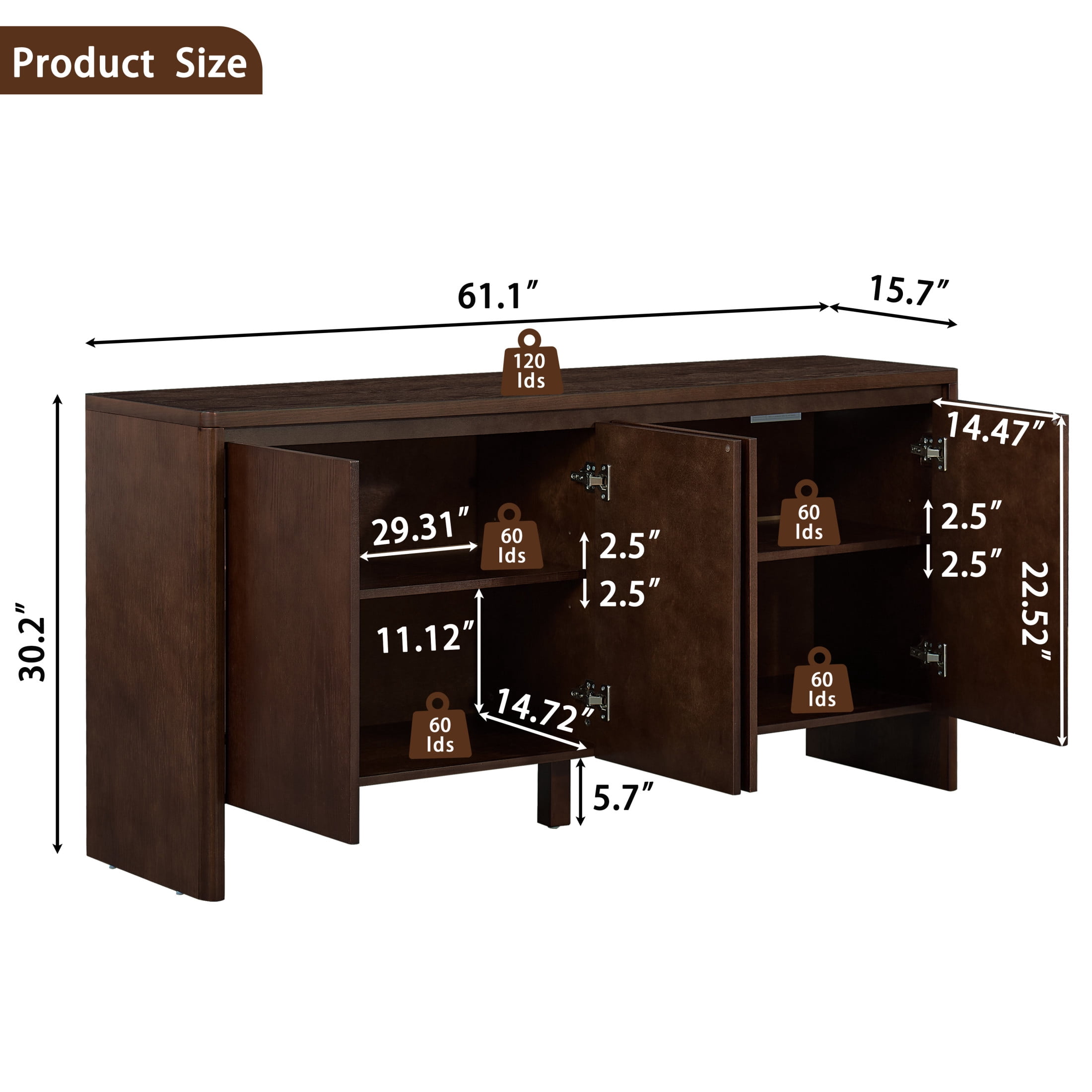GDF Studio 61.1-Inch Mid-Century Sideboard Buffet Cabinet with Adjustable Shelves, Outlet Holes, Walnut