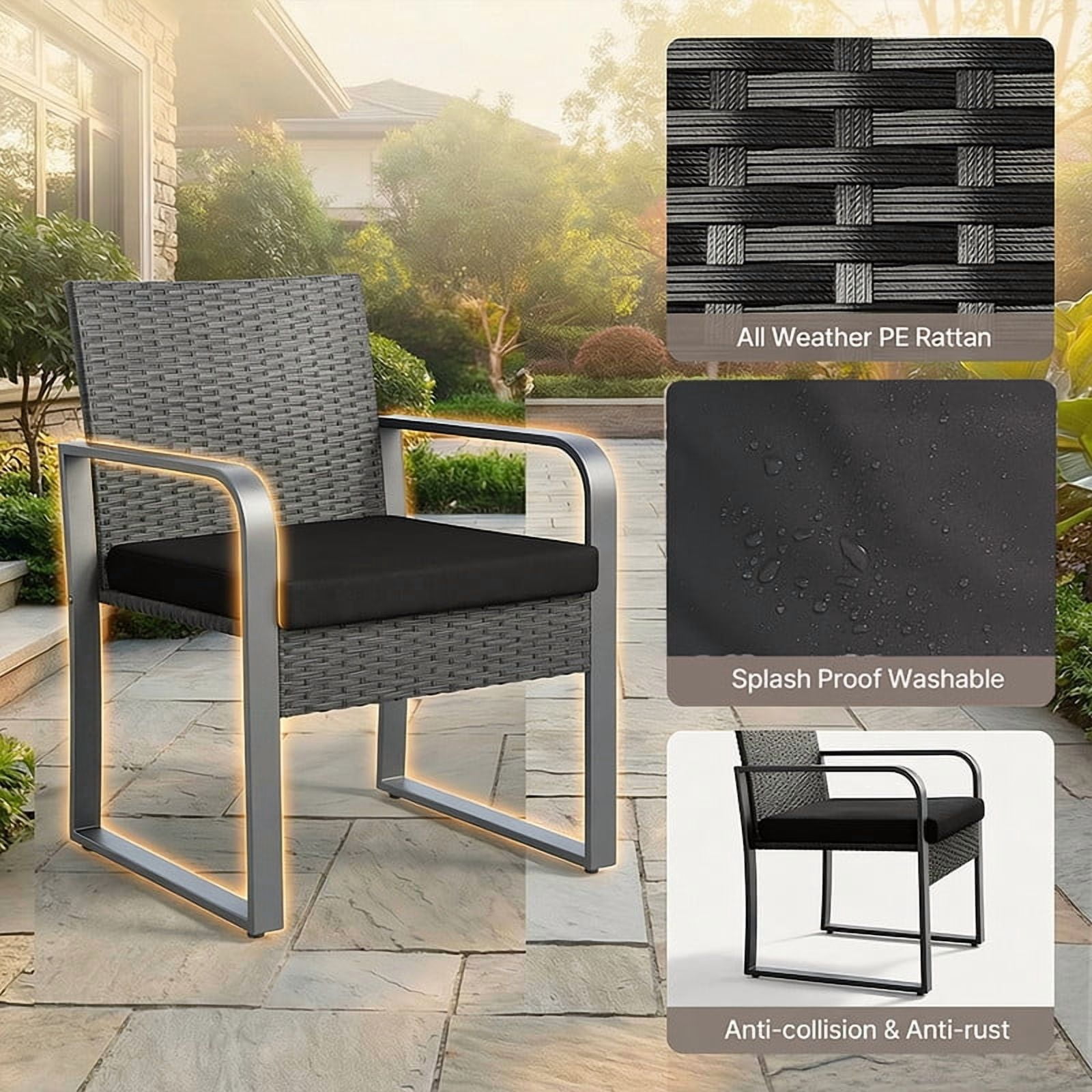 Aiho 3 Pieces Outdoor Bistro Set with Glass Table, Patio Rattan Furniture Set with Soft Cushions for Balcony, Backyard, Garden, Pool, Black
