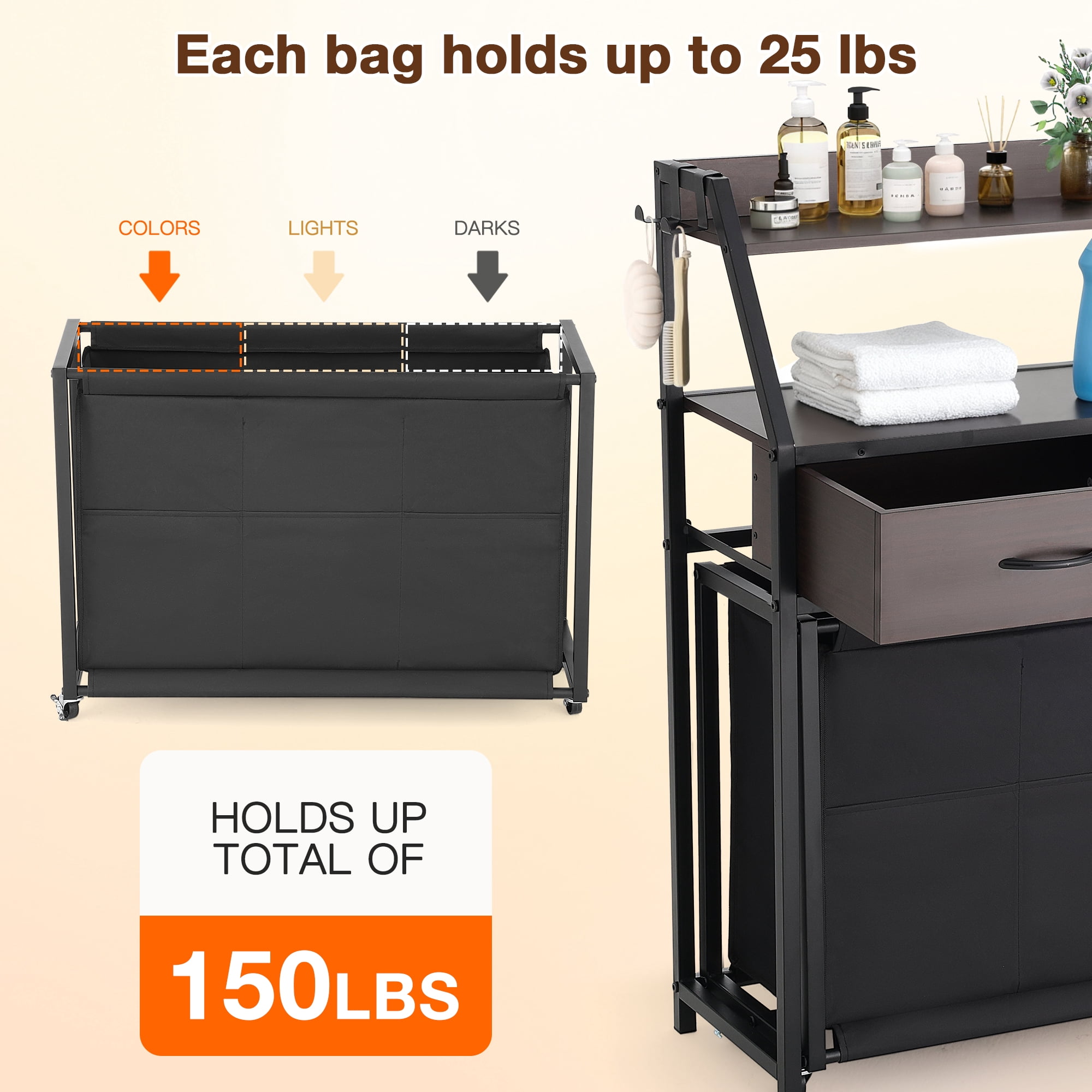 Laundry Hamper with Wheels, 3 Section Rolling Laundry Sorter with Solid Wood Drawers & Top Storage Shelf, Pull-Out Laundry Bags Organizer for Laundry Room, Bathroom, Bedroom, 120L