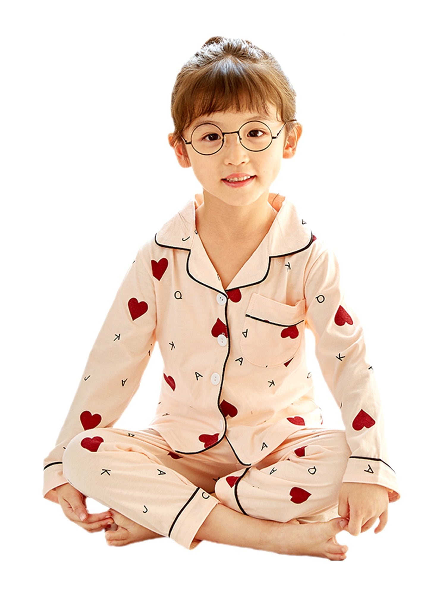 Little Girls 2Piece Pajama Set Letter Heart Pattern Long Sleeve Button