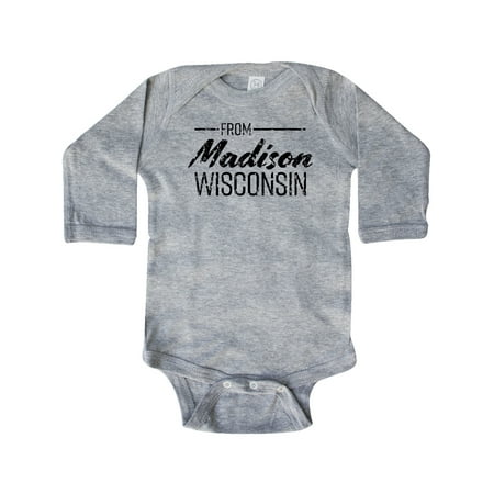 

Inktastic From Madison Wisconsin in Black Distressed Text Gift Baby Boy or Baby Girl Long Sleeve Bodysuit