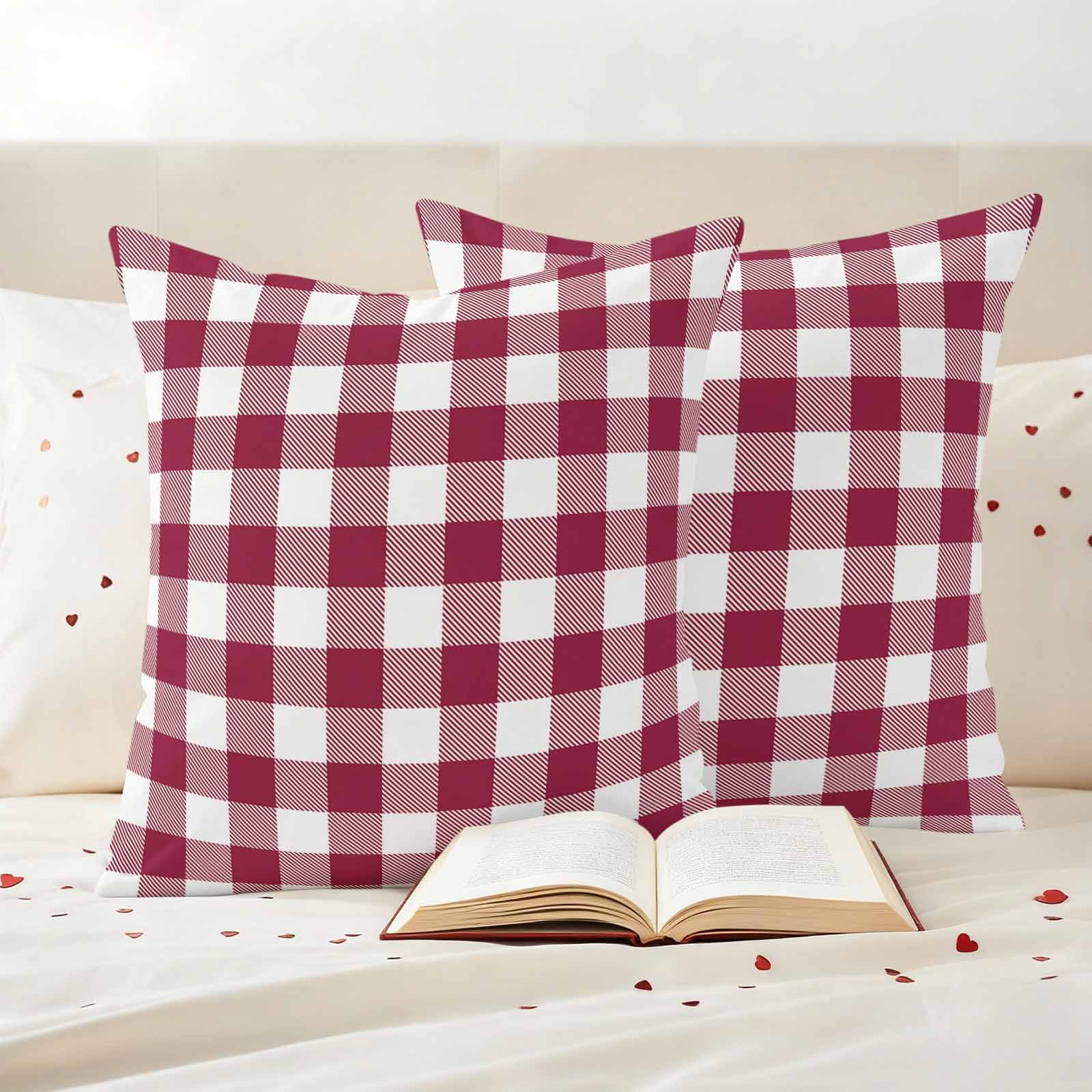 Outdoor Pillow Covers Wine Red and White Plaid Waterproof Pillow Cases 18x18 Set of 2, Modern Rustic Throw Pillow Cover Pillowcase for Patio Balcony Couch Garden