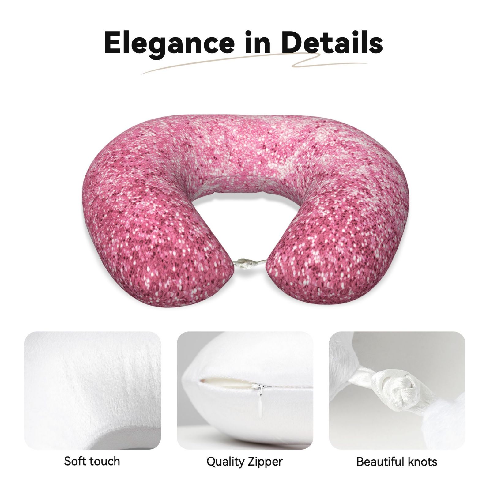 Xecao Pink Glitter Print Memory Foam Cervical Neck Pillow Versatile U-Shaped Pillows for Home,Office,Camping,Travelling,Soft Washable Cover