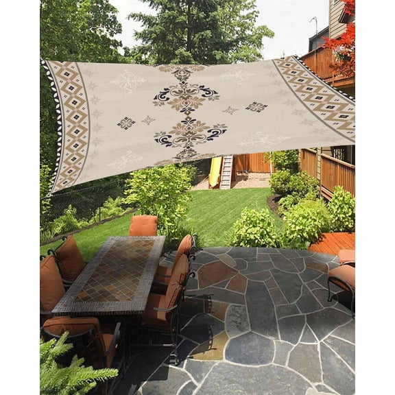 Bohemian Beige Flower Sun Shade Sail 12'X16' Boho Vintage Tribal Abstract Beige Floral UV Block Outdoor Sail Shades Breathable Waterproof Rectangular Sunshade for Patio Garden Pool Pergola Porch