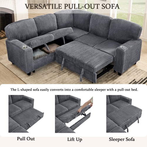 Howcool Modular Sectional Sleeper Sofa, 81" L-Shaped Oversized Cloud Couch with Pull-Out Bed, 5-Seat Corduroy Sofa with Storage Chaise, USB Charging and Cup Holders for Living Room Apartment,Gray