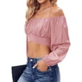 thumbnail image 2 of Solid Color Long Sleeved Women Off Shoulder Crop Tops Sexy Blouse, 2 of 5