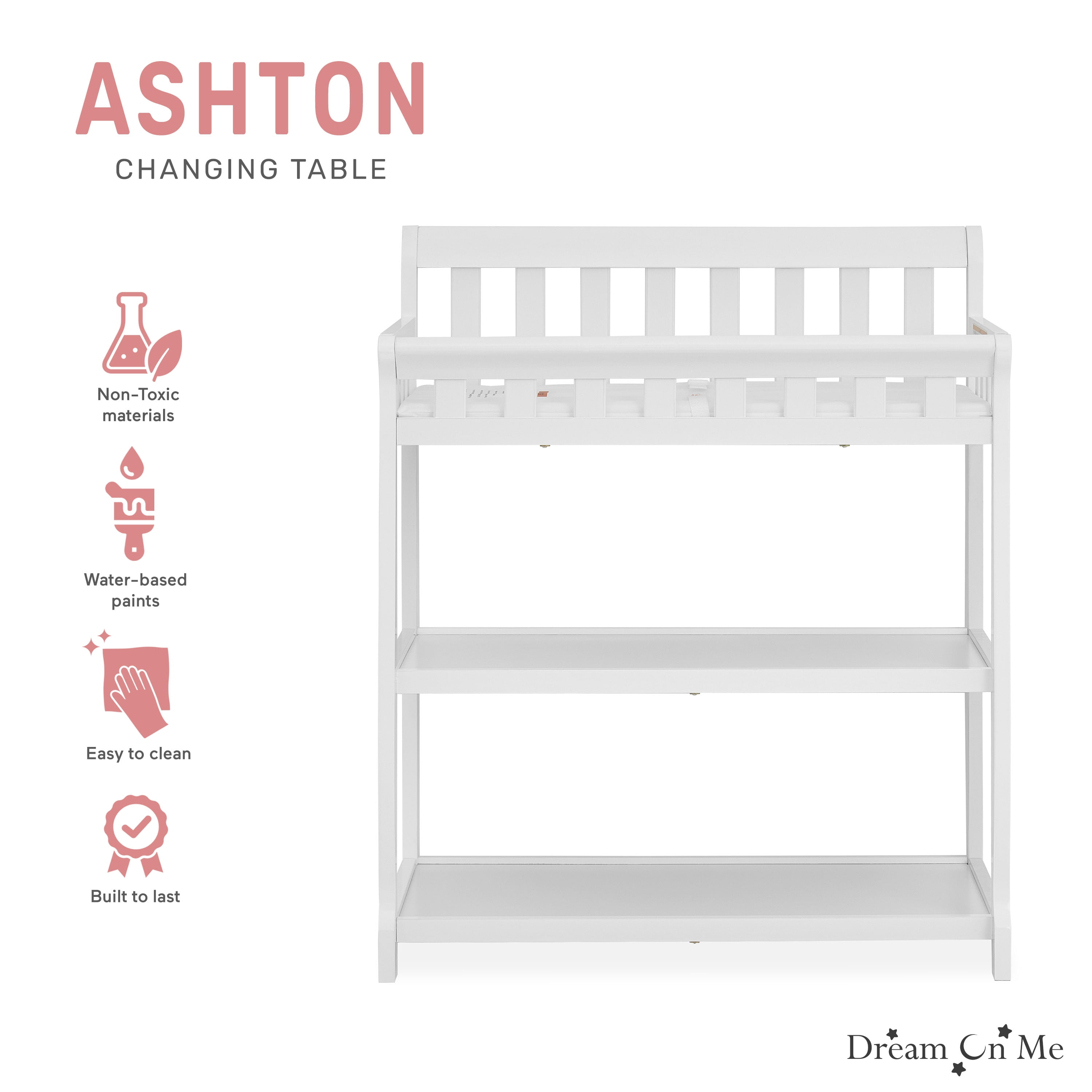 Dream On Me Ashton Changing Table, New Zealand Pinewood, 1 inch Mattress Pad included, White