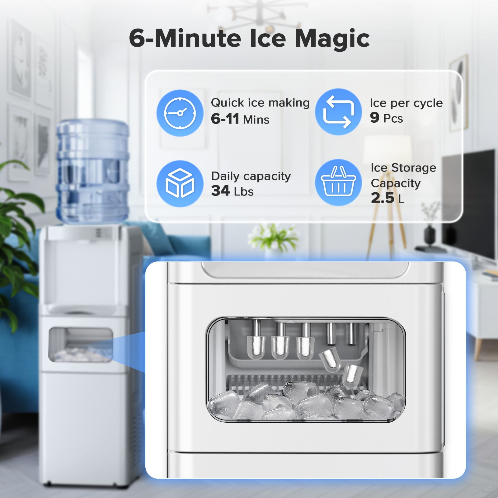 LHRIVER 5 GallonTop Loading Water Dispenser & Ice Maker, 3-in-1 Hot/Cold/Ice, Child Lock & Energy-efficient, for Home/Office, White