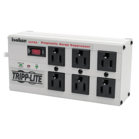 Tripp Lite ISOBAR6ULTRA Isobar 6 Outlet Heavy Duty Strip Surge Protector, 3330 Joules, 6ft Cord, Flat Plug, Metal Strip, Industrial Garage Work Shop Bench, Under Desk and Wall Mountable CA2
