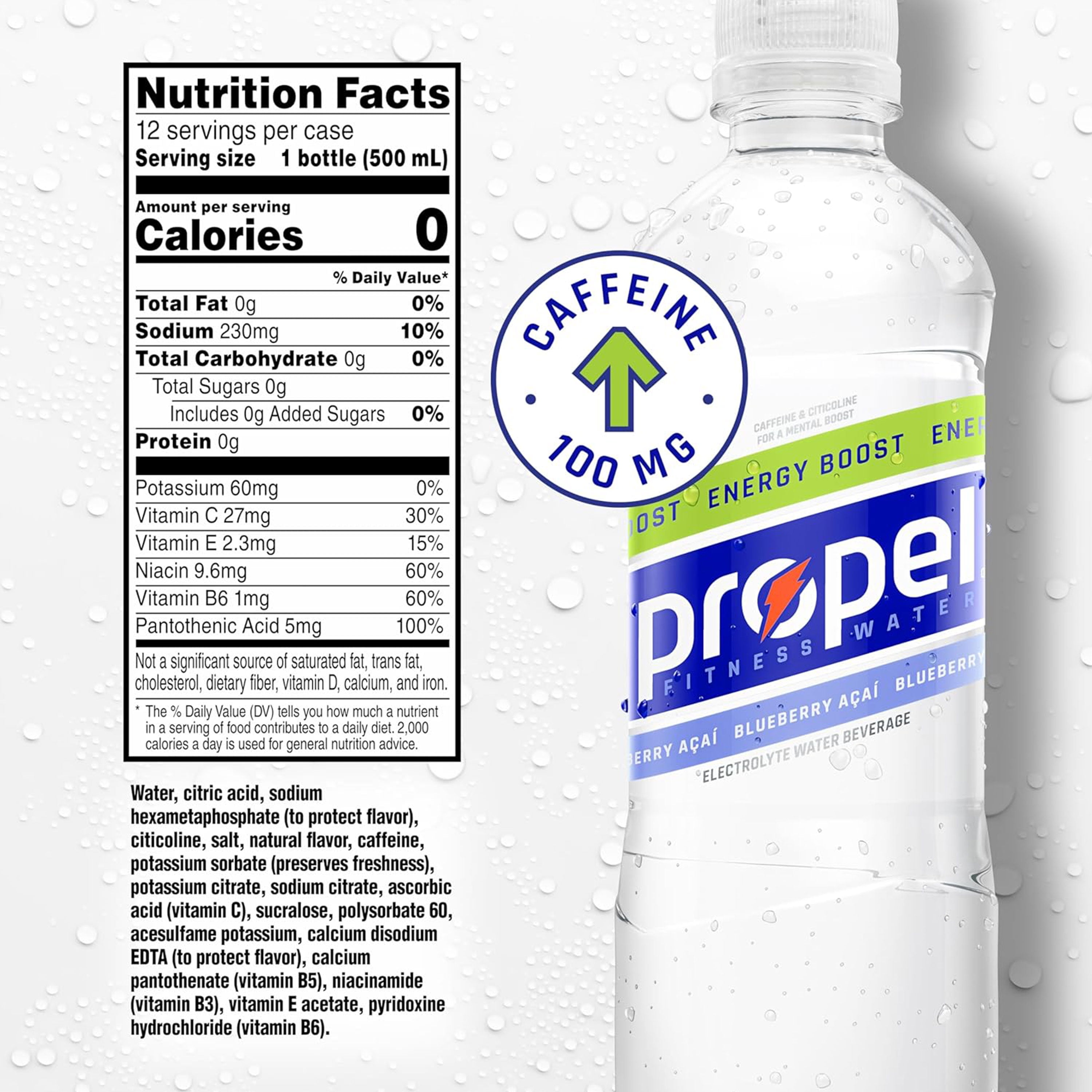 Propel Energy Boost Electrolyte Energy Water, Blueberry Acai, 16.9 fl oz, 12 Count Bottles