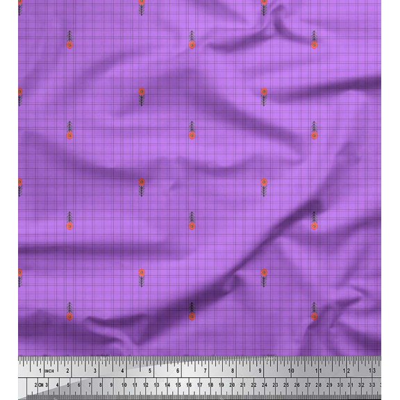 Soimoi Purple Cotton Voile Fabric Floral & Check Print Fabric by the Yard 42 Inch Wide