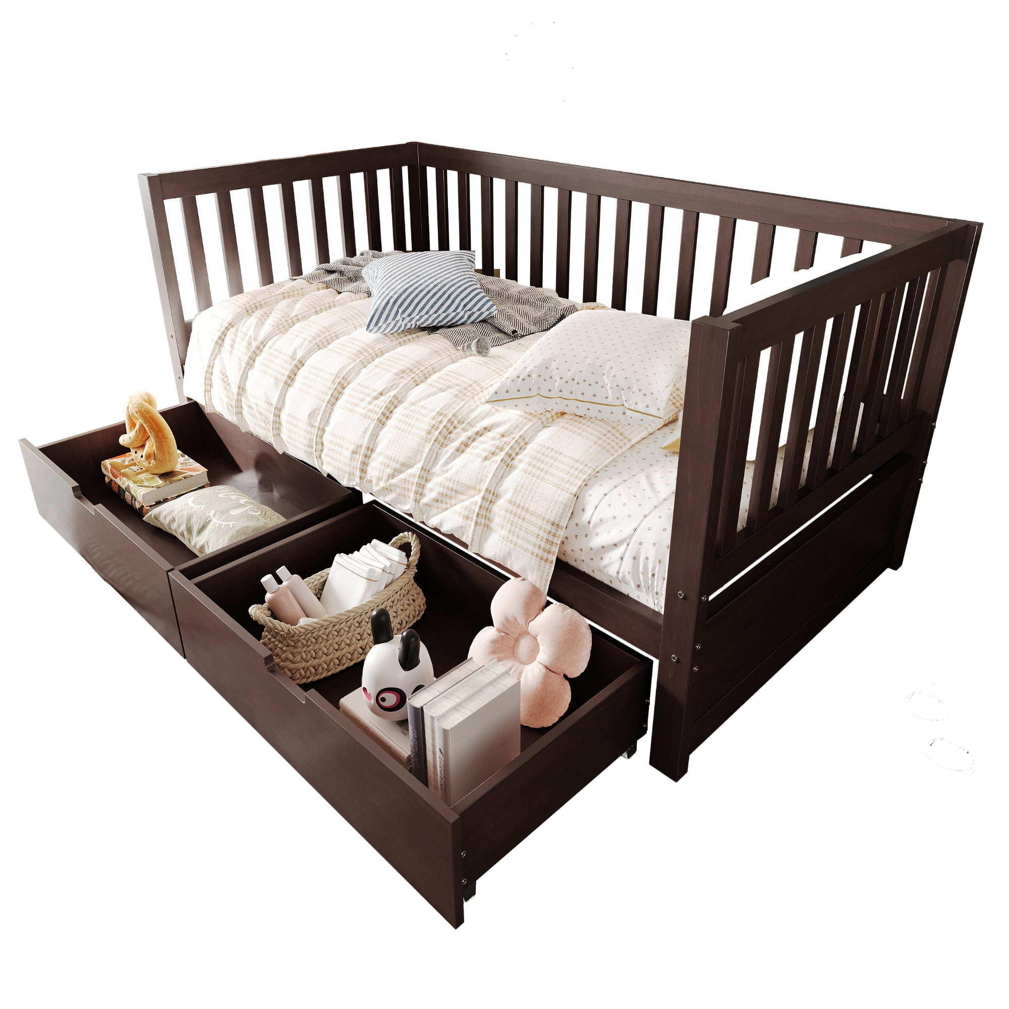 Euroco Wood 3-in-1 Toddler Daybed with Drawers, Crib Bed with Removable Guardrails, Espresso