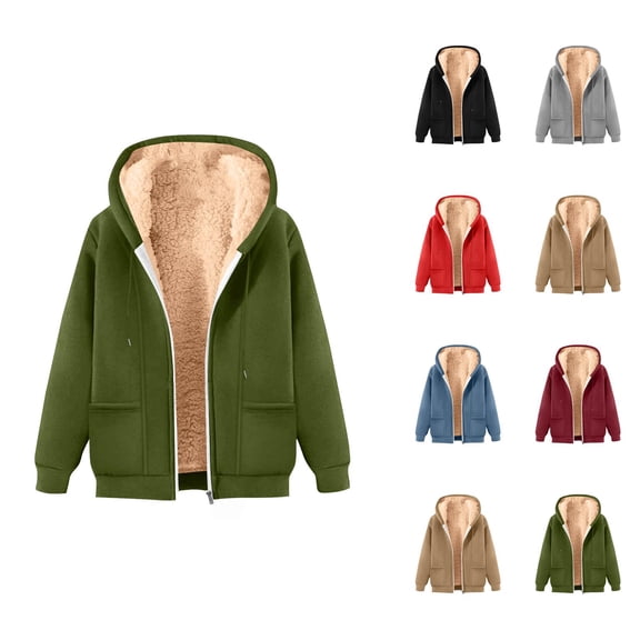 Fleece Lined Zip Up Hoodie for Women 2026 Long Sleeve Trendy Solid Color Hooded Sweatshirt with Pockets Jacket Coat