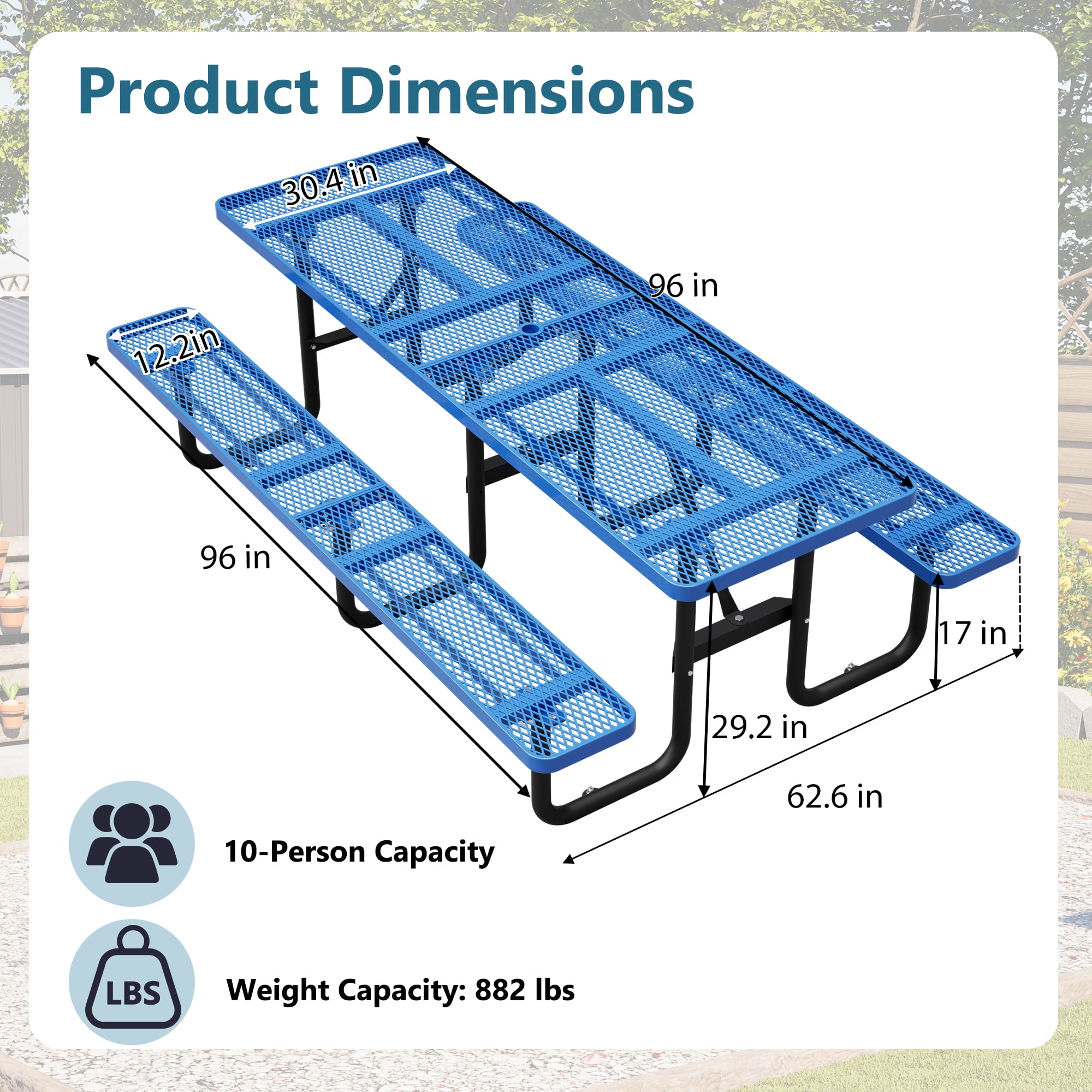 Outdoor Picnic Table Bench Set for 10-Person,All Weather Metal Patio Dining Furniture with Umbrella Hole & 2 Benches for Backyard,Picnic,Camping,Blue