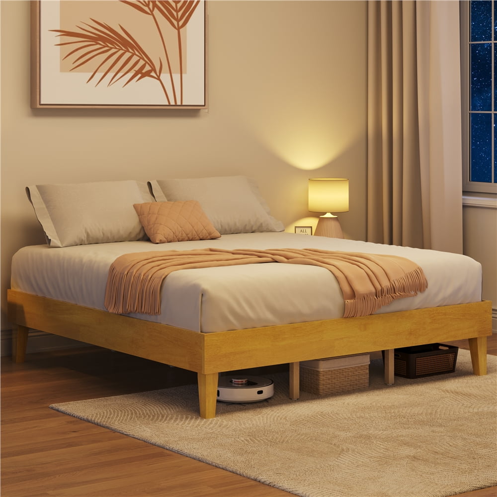 Yaheetech Solid Wood Platform Bed Frame with Wooden Slat Support, Natural Wood, King