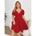 thumbnail image 4 of AURA Elegant Red Knit V Neck High Waist Ruffle A Line Dress Short Sleeve Plus Size 1XL 3XL, 4 of 7