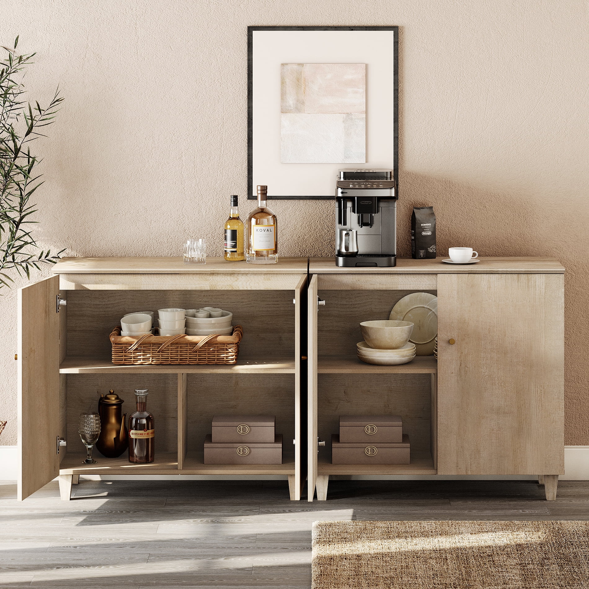Sideboard Buffet Cabinet with 6 Compartments, 71" Wide, Light Oak Wood Finish