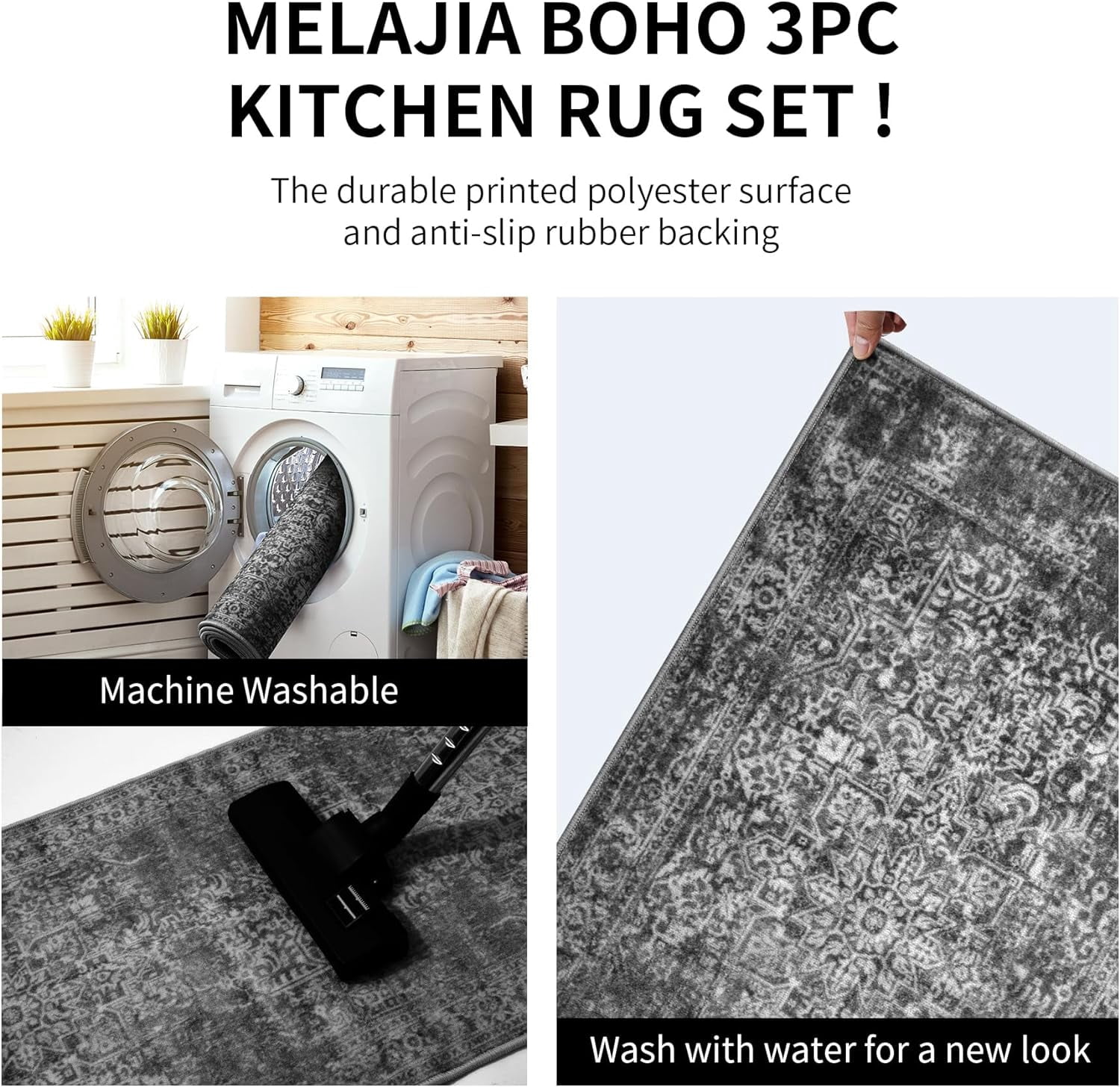Kitchen Rugs Sets of 3 Non Slip Washable Kitchen Mats for Floor 3 Piece Set Turquoise Black Boho Kitchen Mat Set Kitchen Runner Rug Carpet for Laundry Room Front Door