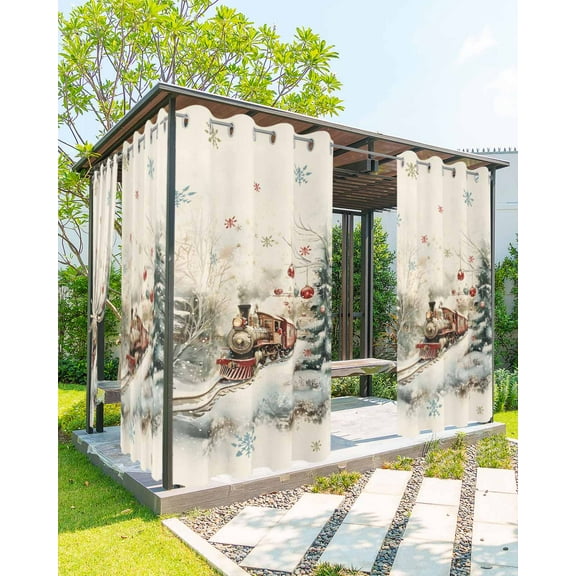 Outdoor Curtains for Patio, Christmas Waterproof Blackout Outside Curtain for Porch/Pergola/Gazebo, Train Xmas Tree Snowflake Balls Thermal Insulated Drapes for Cabana, 1 Panel, 54 x 84 Inch