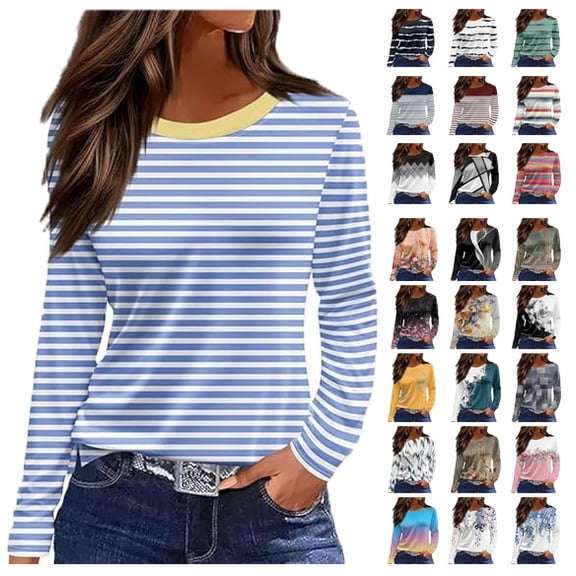 Women Long Sleeve Tops Casual Crew Neck Tshirts Floral Tunics Lightweight Breathable Casual Loose Fashion Top