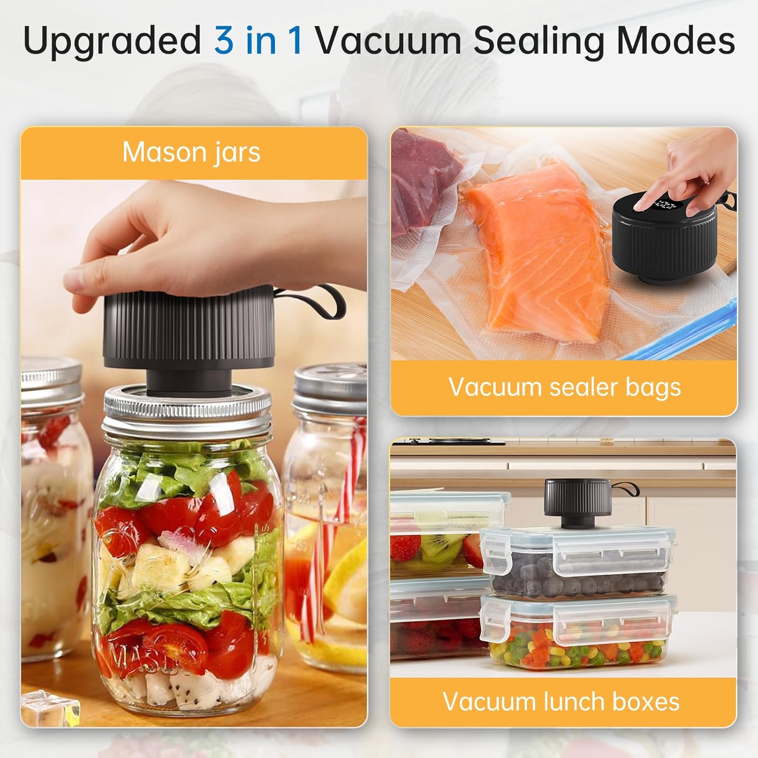 Electric Mason Jar Vacuum Sealer Kit, 3-in-1 Handheld Automatic Vacuum Sealer for Mason Jars, Food Savers & Containers | Ideal for Canning Jams, Pickles, Dry Foods, Grains | Present for Mom, Black