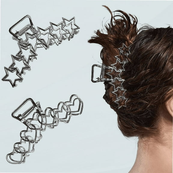 2PCS Y2k Metal Hair Claw Clips Star Heart Hair Clips for Women Big Nonslip Design Claw Hair Clips for Thick and Thin Hair Stitching Silver Large Hair Accessories for Women and Girls.