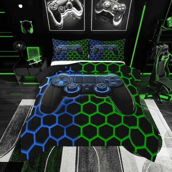 Erosebridal Blue Gamepad Print Comforter Sets,Watercolor Honeycomb Comforters & Duvets,Game Room Decor,Reversible,Breathable,2pcs