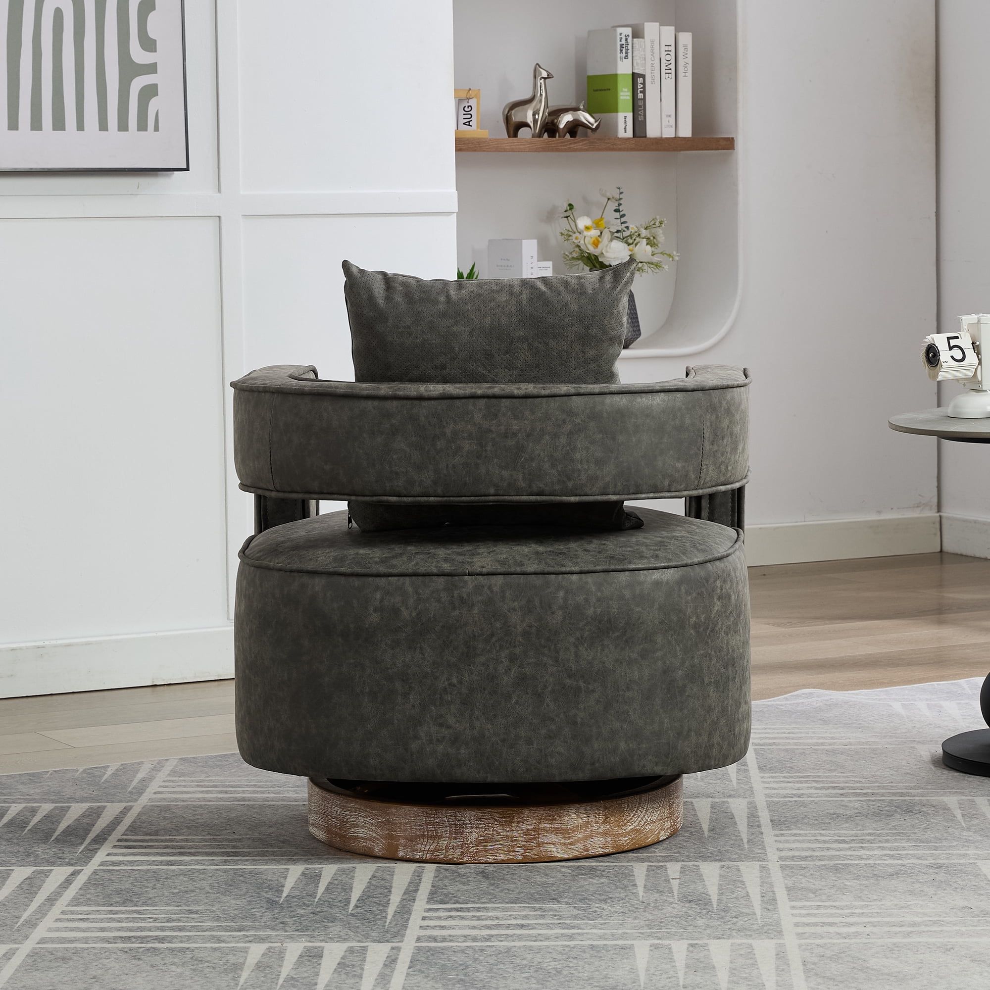 Leumius Swivel Accent Chair with Open Back,Modern Single Sofa Chair With Weathered Base for Nursery Bedroom Living Room Hotel Office, Club Chair Leisure Arm Chair for Lounge,Gray PU