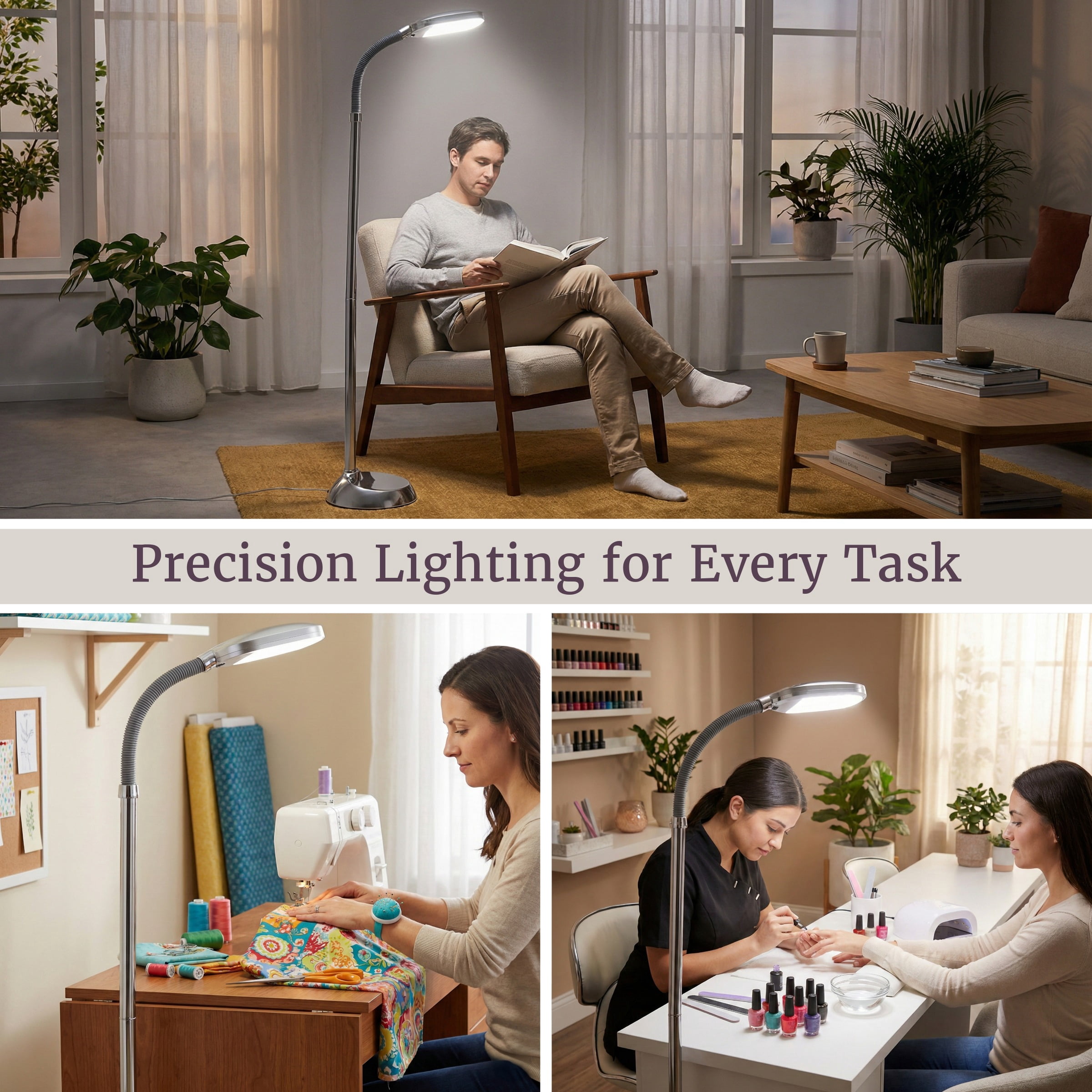 Lavish Home 63-Inch Adjustable Floor Lamp for Bedroom - Full Spectrum Natural Sunlight Lamp for Office with Bendable Neck for Reading Light, Craft, Studying, and Esthetician Light (Chrome)