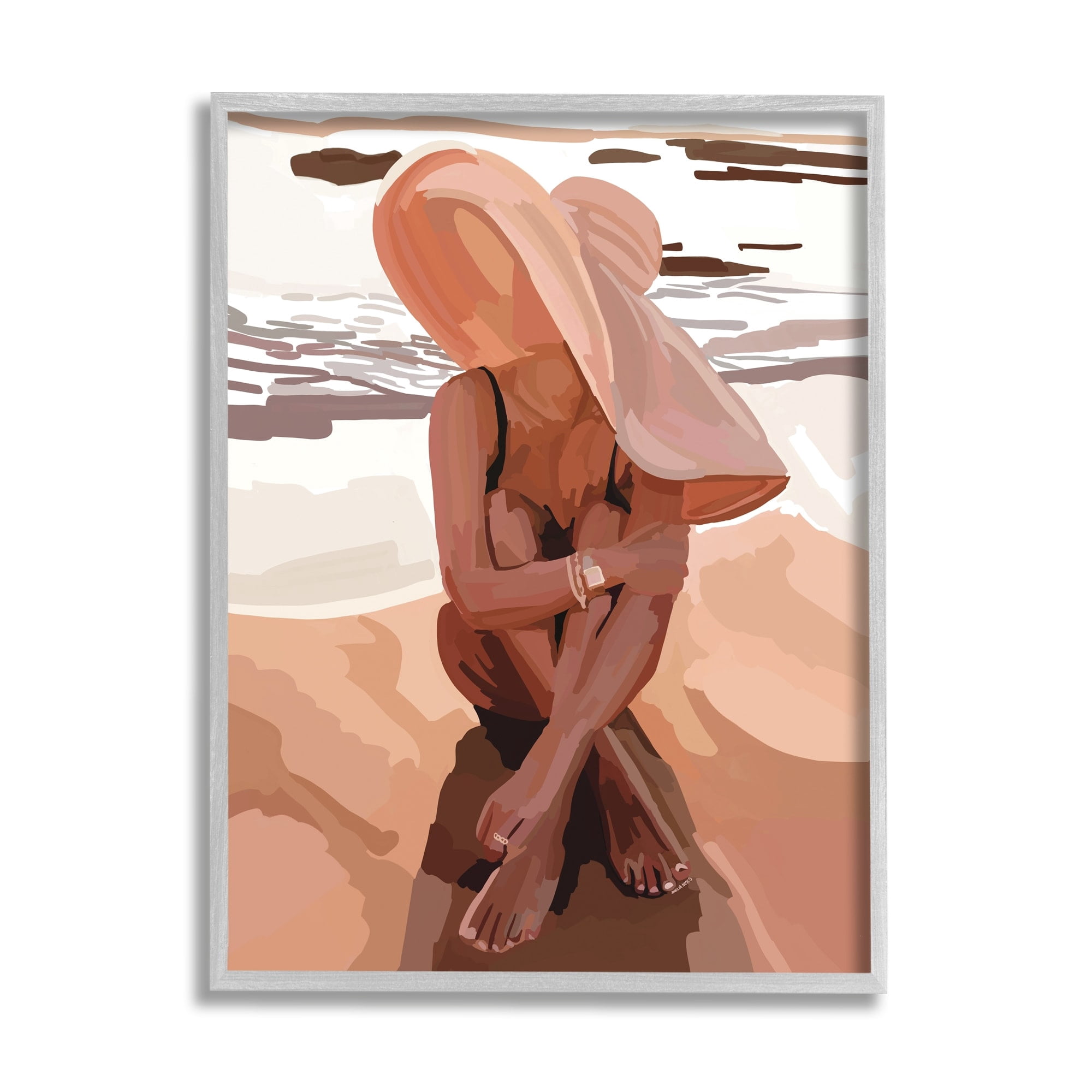 Stupell Industries Woman Sitting Enjoying Ocean Shore Summer Beach Graphic Art Gray Framed Art Print Wall Art, Design by Amelia Noyes
