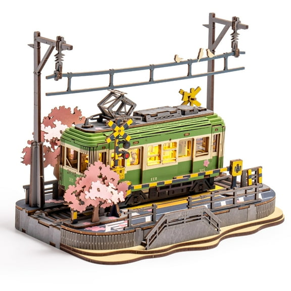 Rolife 3D Puzzle Wooden Jigsaw Car Toy DIY Model Kit for Adults, Building Toy with LED Light Diorama Tram Hobby for Kids Brain Teaser (Sakura Journey)