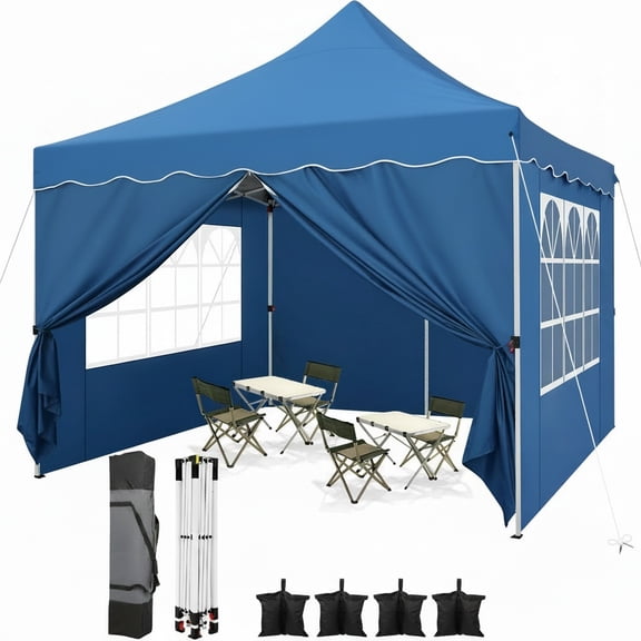 HOTEEL 10x10 Pop Up Canopy , UPF 50  Easy Setup Canopy Tent Waterproof Outdoor Instant Portable Shelter with 4 Removable Sidewalls, Sandbags, Stakes & Ropes for Party, Events, Vendor, Blue