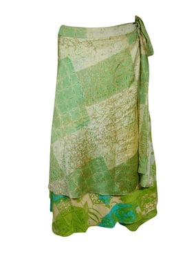 Mogul Women Green Magic Wrap Skirt 2 Layer Printed Indian Vintage Sari Reversible Beach Wear Wrap Around Skirts