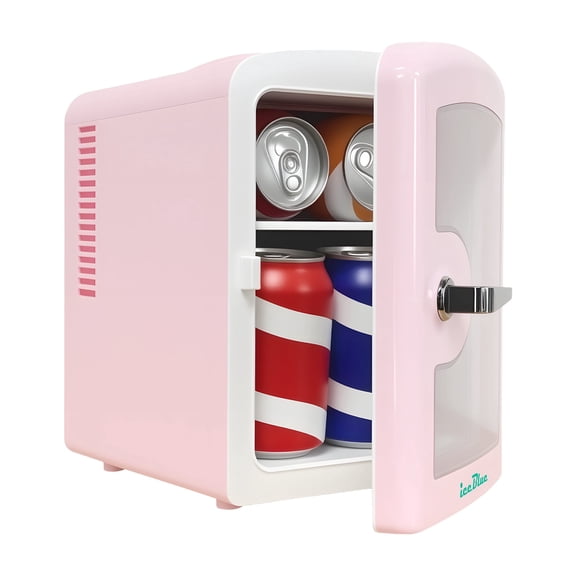 iceBlue 4L Mini Fridge for Cosmetics and Drinks, Car/Home Use (Pink), Skincare Refrigerator, Transparent Window and Retro Chrome Handle