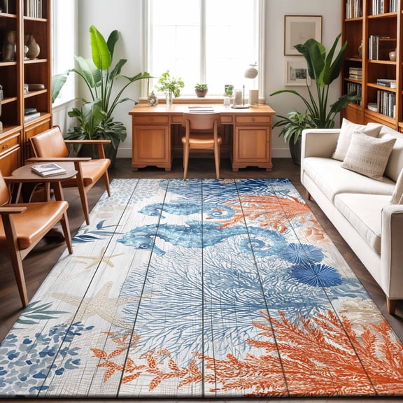 Area Rugs 5'x7', Blue Red Seahorse Coastal Carpet Runner Indoor Outdoor Rugs Home Decor Aesthetic, Summer Beach Coral Nautical Wood Non Slip Mats Washable Accent Rug for Living Room Bedroom