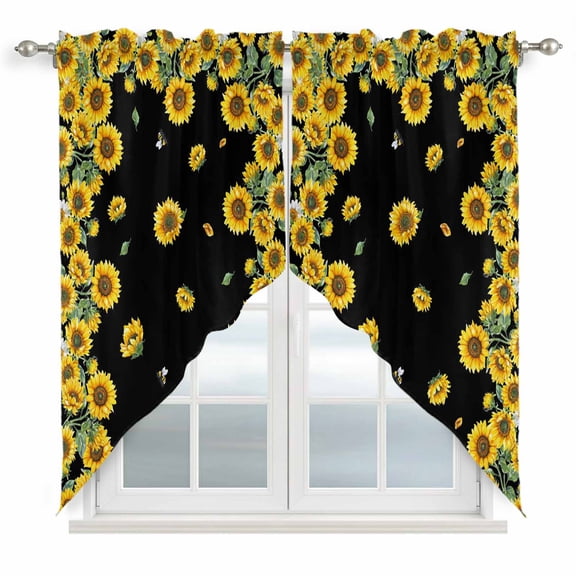 Swag Curtains Valances for Windows, Vintage Flowers Floral Print Short Kitchen Window Curtains Over Sink, Black Cafe Curtains Panel Set Of 2,Rod Pocket, 36 Inches Length