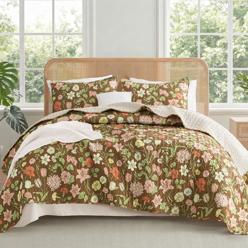 Exclusivo Mezcla Floral Quilts Queen Size, Brown Queen Quilt Bedding Set with Cottagecore Garden Pattern, Reversible Lightweight Bedspreads Coverlets (92"x96")
