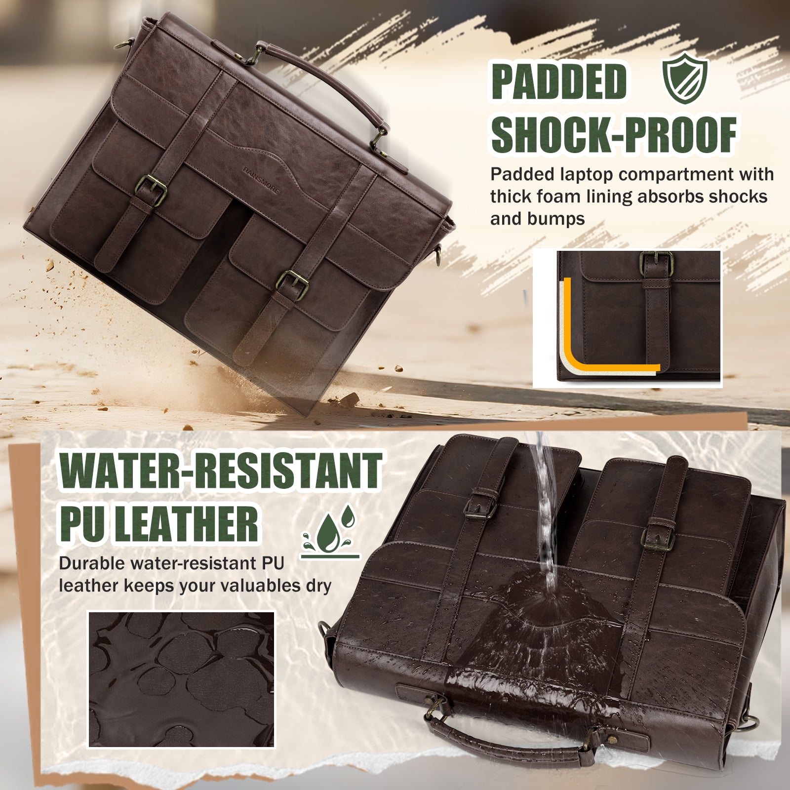 RAINSMORE Mens Messenger Bag 17 Inch Vintage Leather Laptop Bag Magnetic Closure Large Satchel Computer Briefcase Shoulder Bag,Coffee