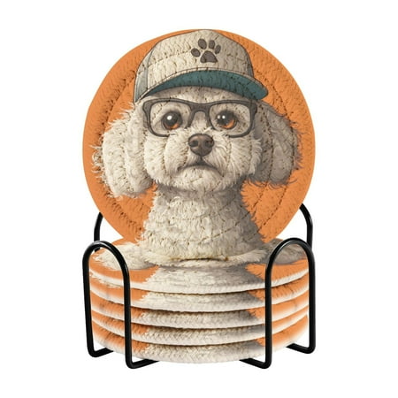 

6-Pack Coiled Coasters Set with Storage Rack Heat-Resistant for Home Office or Gift White Bichon Frise (3.94in Diameter)